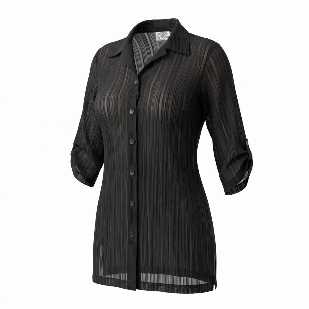 Cover Me Black Sheer Tunic Blouse M Long Button Front Roll Tab Beach Cover Up